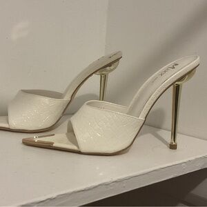 White & Gold High Heel  Mule Stiletto Pointed Open Toe Sandals Slides Pump Shoe
